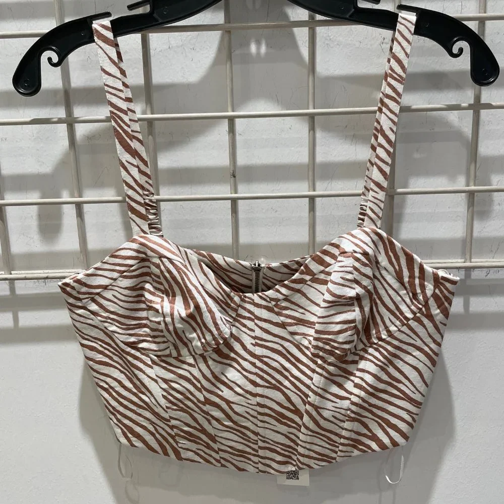 NWT Zara White Brown Zebra Print Linen Blend Structured Crop Top Small - Picture 1 of 4